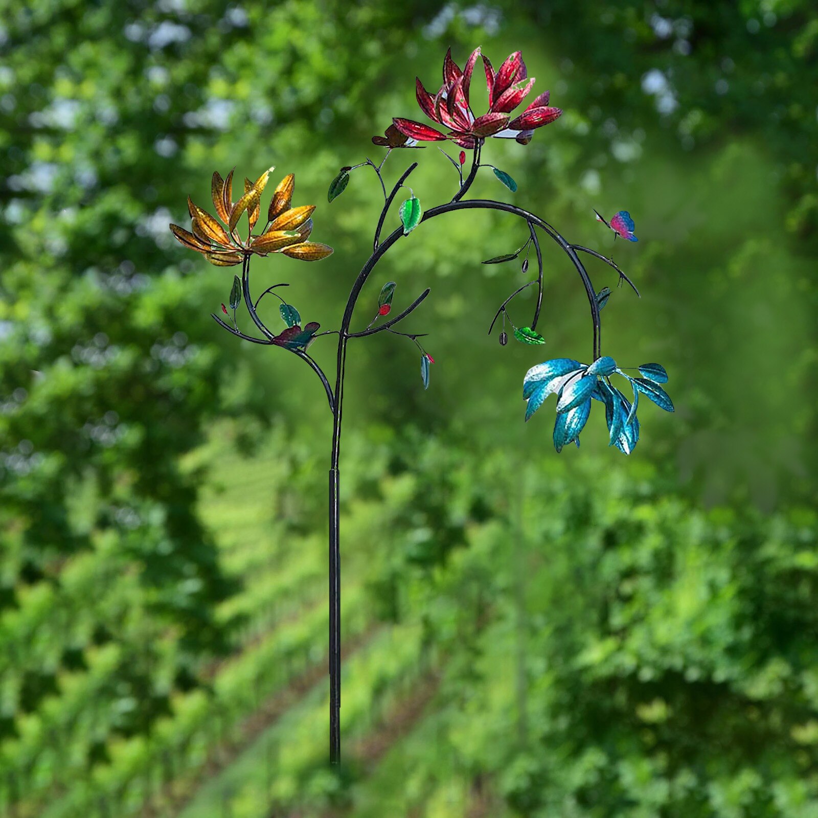 Vwlvrsco Große Metall Wind Spinner Mit Drei Spinnen Blumen und Schmetterlinge Windmühle Wind Skulptur, Wind Spinner für draussen