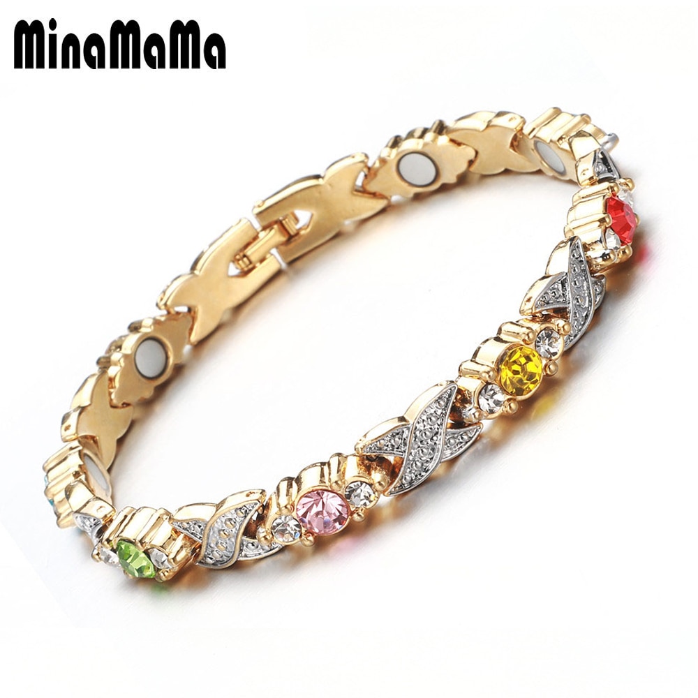 Goud Kleur Wit Roze Kleurrijke Crystal Magnetische Armbanden Voor Vrouwen Gezondheid Link Chain Armbanden Sieraden