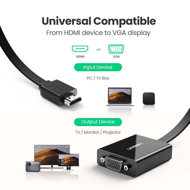 UGREEN Active HDMI to VGA Adapter with 3.5mm Audio Jack HDMI Male to VGA Female 1080P for PC Laptop Raspberry Pi HDMI to VGA