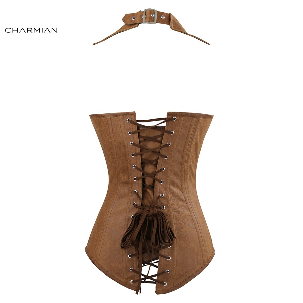 Charmian de las mujeres de talla grande Steampunk Corset gótico acero deshuesada Overbust Corset Halter de Chaleco de cuero Zip Top Rock Corselet