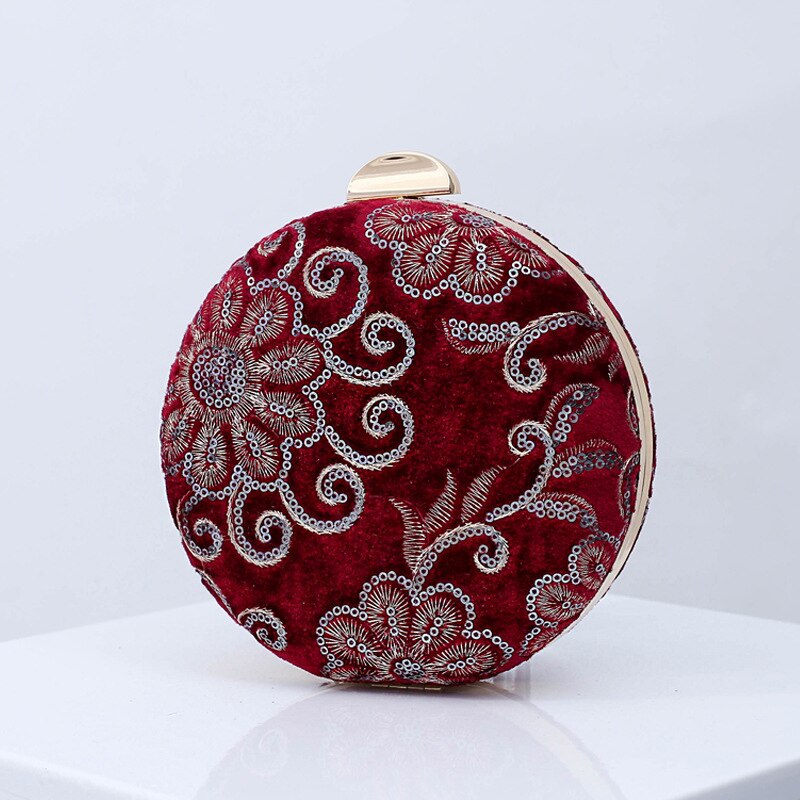 Velour Round Shape Evening Bags Clutch Bag With Chain Small Handbags Wedding Banquet Embroidered Flower Clutches Purse Retro: burgundy