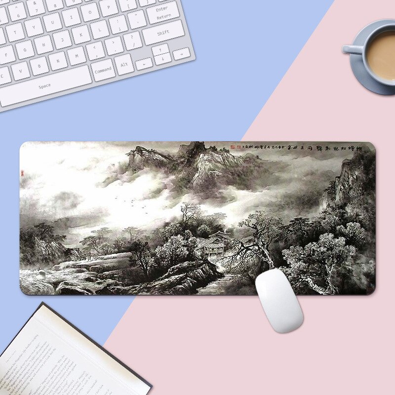 Ink painting mouse pad black and white gray three-color office computer non-slip mouse pad extra long table mat: Ink painting2
