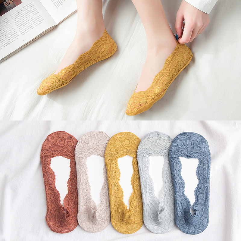 Summer women girl Silica Gel Lace Boat Socks Invisible Cotton Sole Non-slip Antiskid Slippers Anti-Slip Sock 1pair=2pcs ws7414: ws7414random