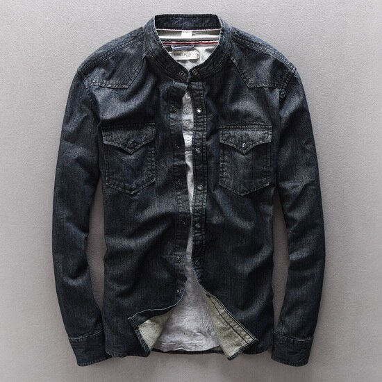 Katoenen denim overhemd heren merkkleding mandarijn kraag overhemd heren retro wassing donker slim fit heren overhemd casual camisa masculina: Zwart / Xxl