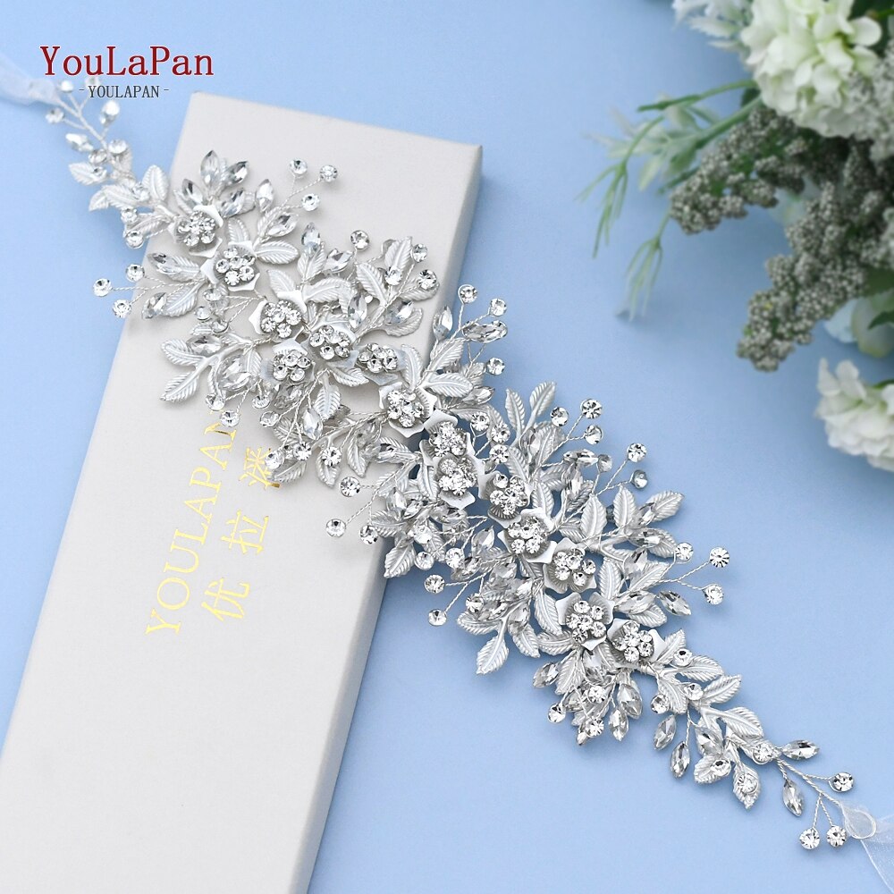 YouLaPan SH349 Wedding Sash Bridal Belts White Ribbon Bridal Sash Rhinestone Bridal Belt Handmade Silver Crystal Wedding Sashes