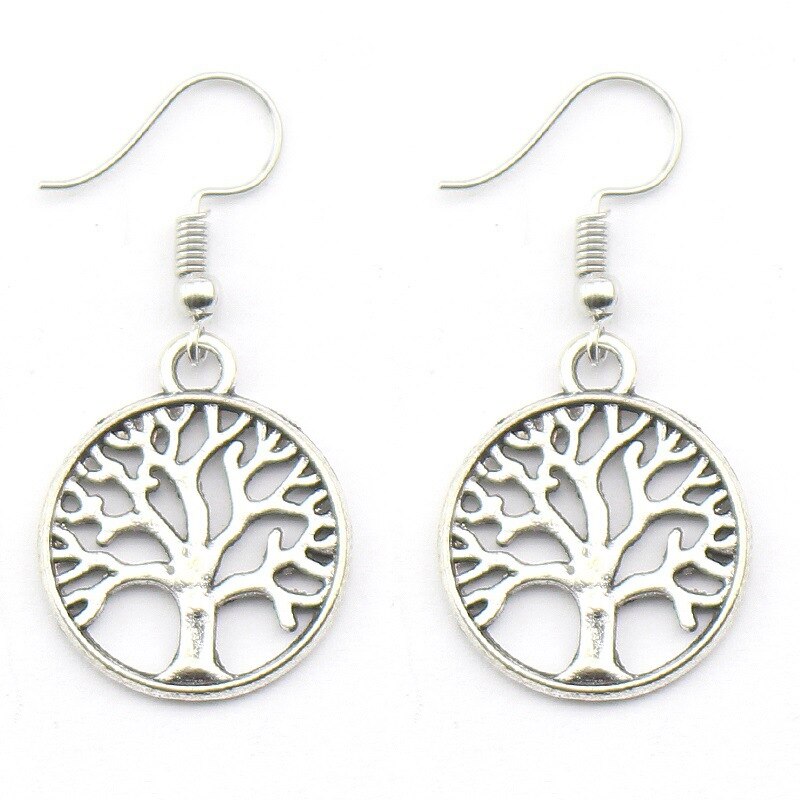 Pendientes colgantes chapados en plata para mujer, aretes redondos con patrón del árbol de la vida, joyería de para mujer: 1