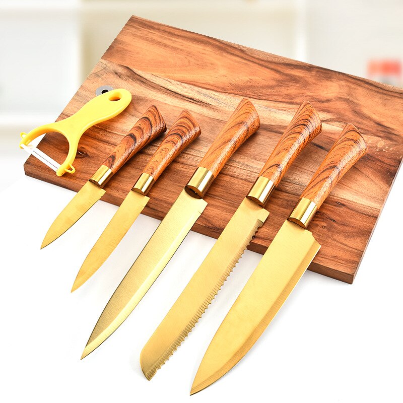 6pcs kitchen knife set vegetable peeler chef knife carving paring knife wood grain handle knife kitchen tools set