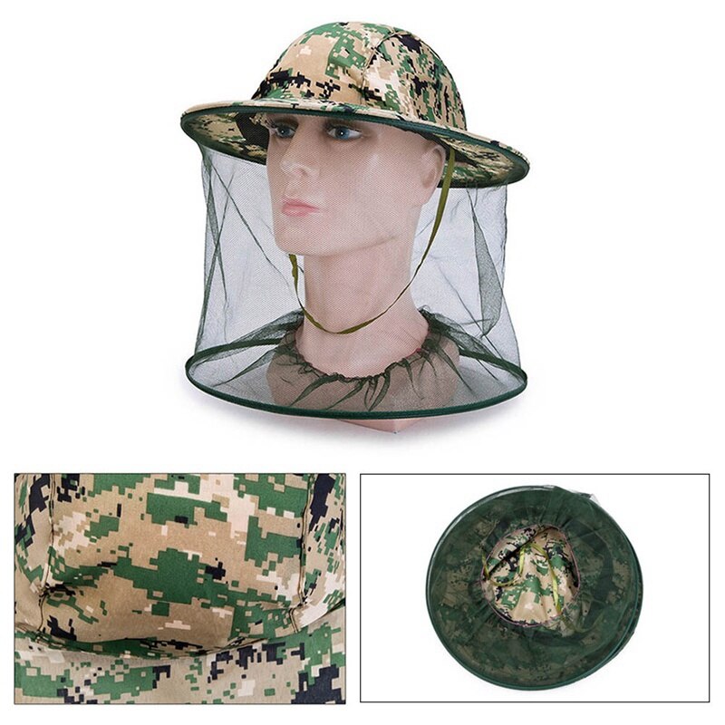 Camouflage Men Fishing Cap Wide Brim Visor Sunshade Hunting Bee Keeping Mesh Hat Insects Mosquito Prevention Neck Head Cover