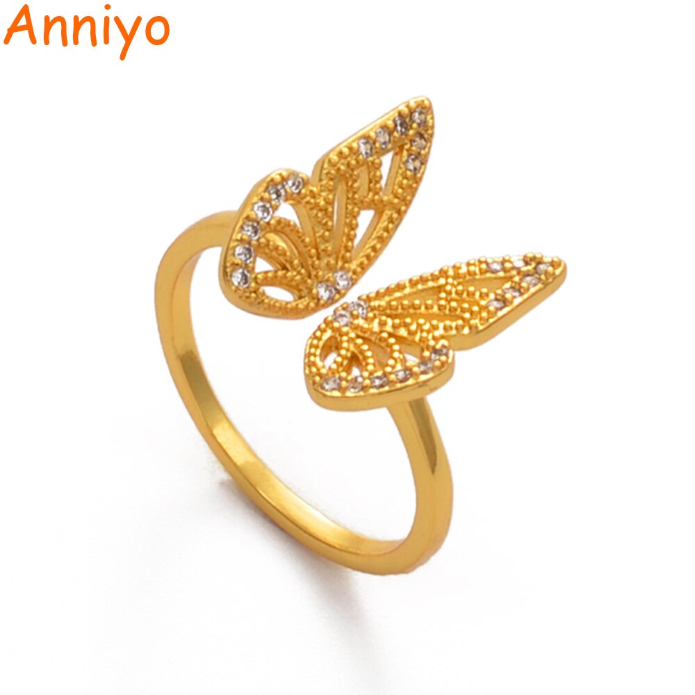Anniyo Vlinder Ring Voor Vrouwen Goud Kleur Resizable Ring Rhinestone Afrikaanse Arabische Midden-oosten Bruiloft Sieraden #001437