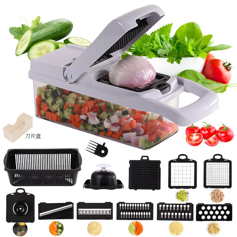 Vegetable Cutter Multi-Functional Household Cut Potato Chips Carrot Shredded Grater With Drain Basket Detachable Kitchen Tools: Black and white