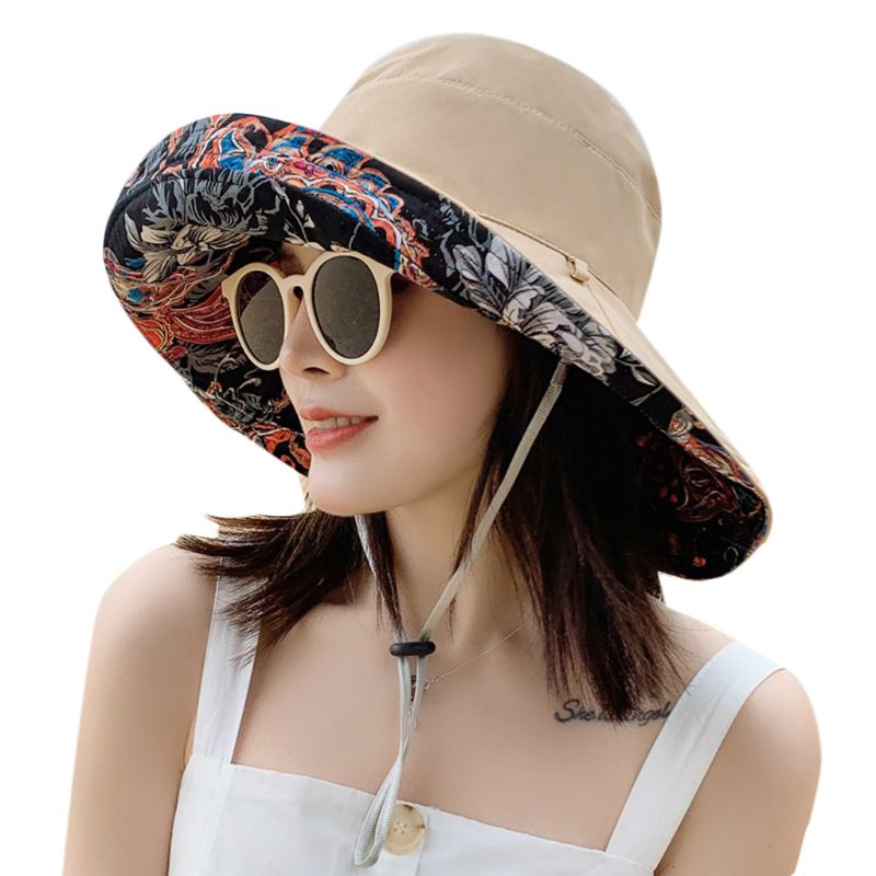 Women Boho Ethnic Floral Reversible Sun Hat Large Wide Brim UV Protection Foldable Floppy Beach Cap with Chin Strap: Khaki