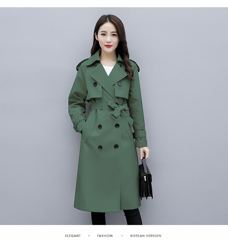 Autumn Women Classic Double Breasted Trench Coats Slim Wild Medium Length Windbreaker Coat British Style Ladies Outerwear 45: Green / S