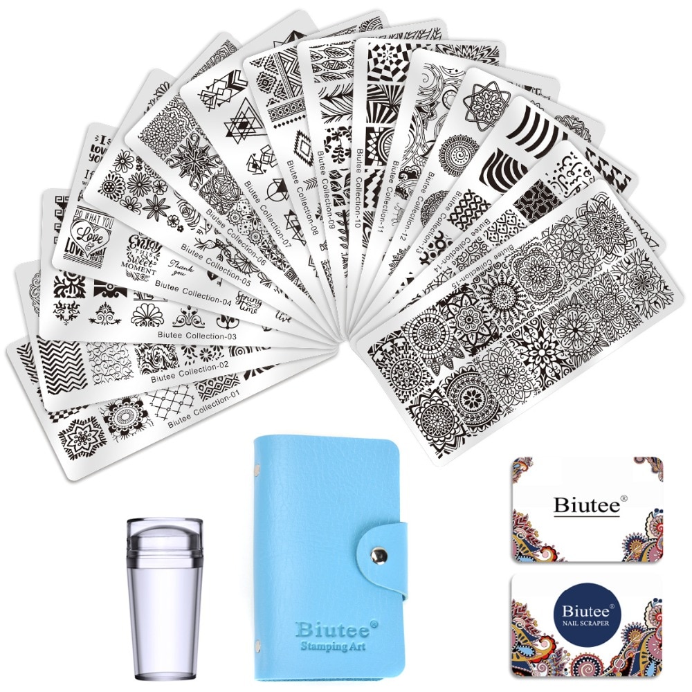 Biutee Nagel Stempel Platten einstellen 15 platte + 1 Stempel + 2 Schaber + 1 lagerung tasche Desgins NäGel Kunst stanzen Platte Schaber Stempel einstellen