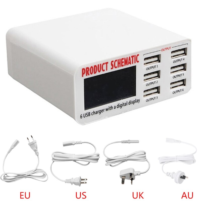 UE/US/UK enchufe 6A 6 Puerto USB cargador rápido HUB adaptador de carga de pared pantalla LCD XXUC