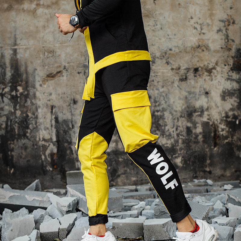 Trajes deportivos para hombre, Fitness, chaqueta de aspecto delgado, pantalones de , estilo callejero, entrenamiento de ocio, estampado, abrigo Casual, entrenamiento de gimnasio: L / yellow black pants