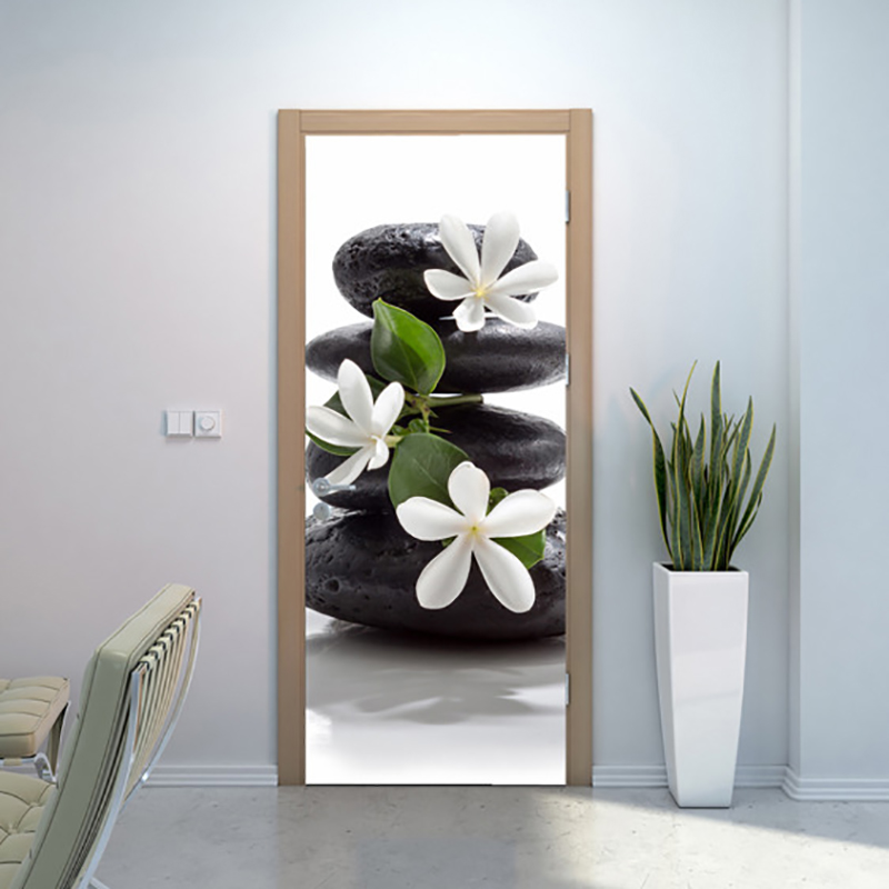 Adesivos de porta pedra de renda de bambu, adesivos de porta, flor de pvc, impressão de arte, imagem, autoadesiva, à prova d' água para quarto