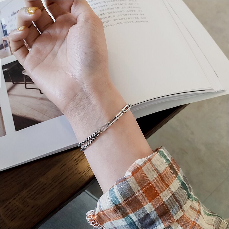 925 Sterling Silver Bracelet Box Chain Link Chain Splicing Bracelet Jewelry for Women Girls