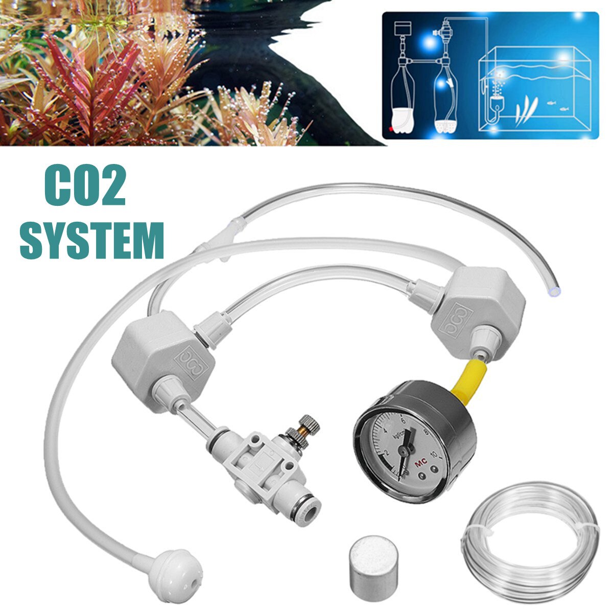 Aquarium DIY CO2 Generator System Kit With Pressure Air Adjustment Water Plant Fish Aquarium CO2 Valve Diffuser With Air Tube