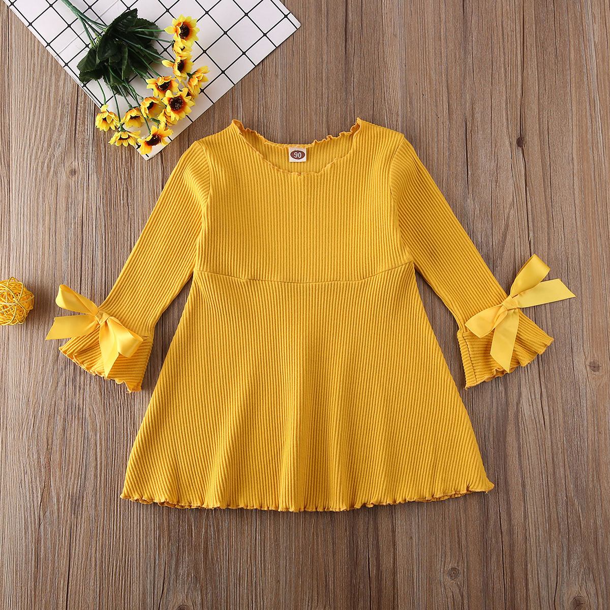 Baby Spring Autumn Clothing Toddler Baby Girl Princess Pageant Party Flare Long Sleeve Dress Ribbed Bow Solid Dresses