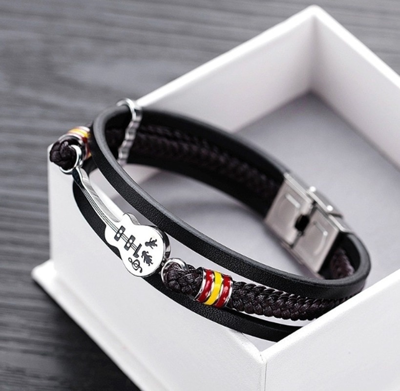 Punk couro guitarra pulseira multi-camada trançado pulseiras para jóias masculinas