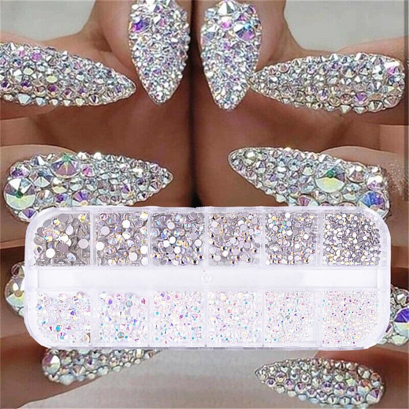 2 Kleuren 12 Grid 1440Pcs Ab Crystal Flat Back Rhinestone Diamant Gem 3D Glitter Nail Art Decoratie nagels Accessoires