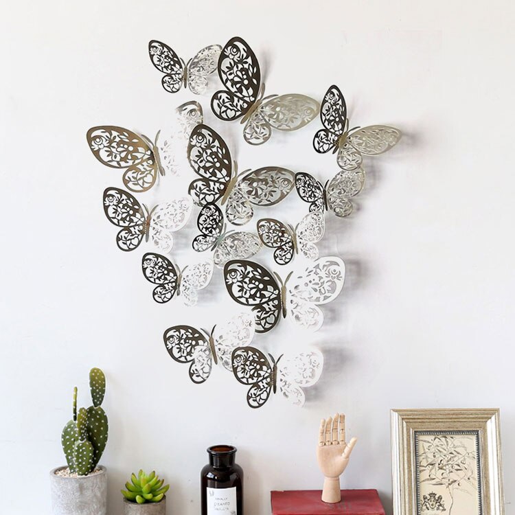 12pcs/set 3D Hollow Butterflies Wall Sticker for Home decoration Living room bedroom for Party Wedding decor Butterfly stickers: Silver I