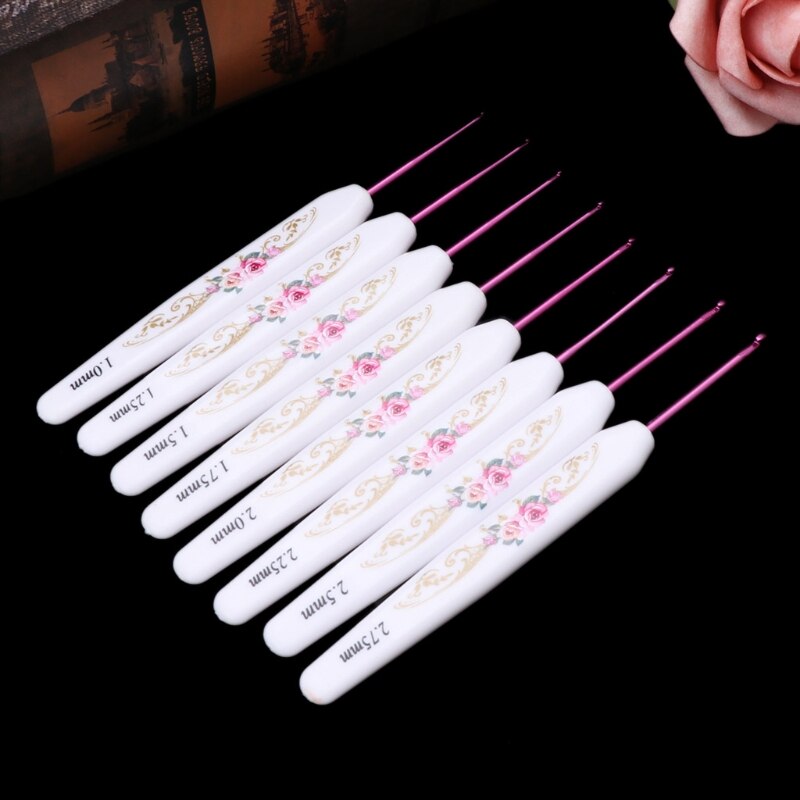 8pcs Plastic Handle Floral Aluminium Crochet Hooks Knitting Needle Set Weaving