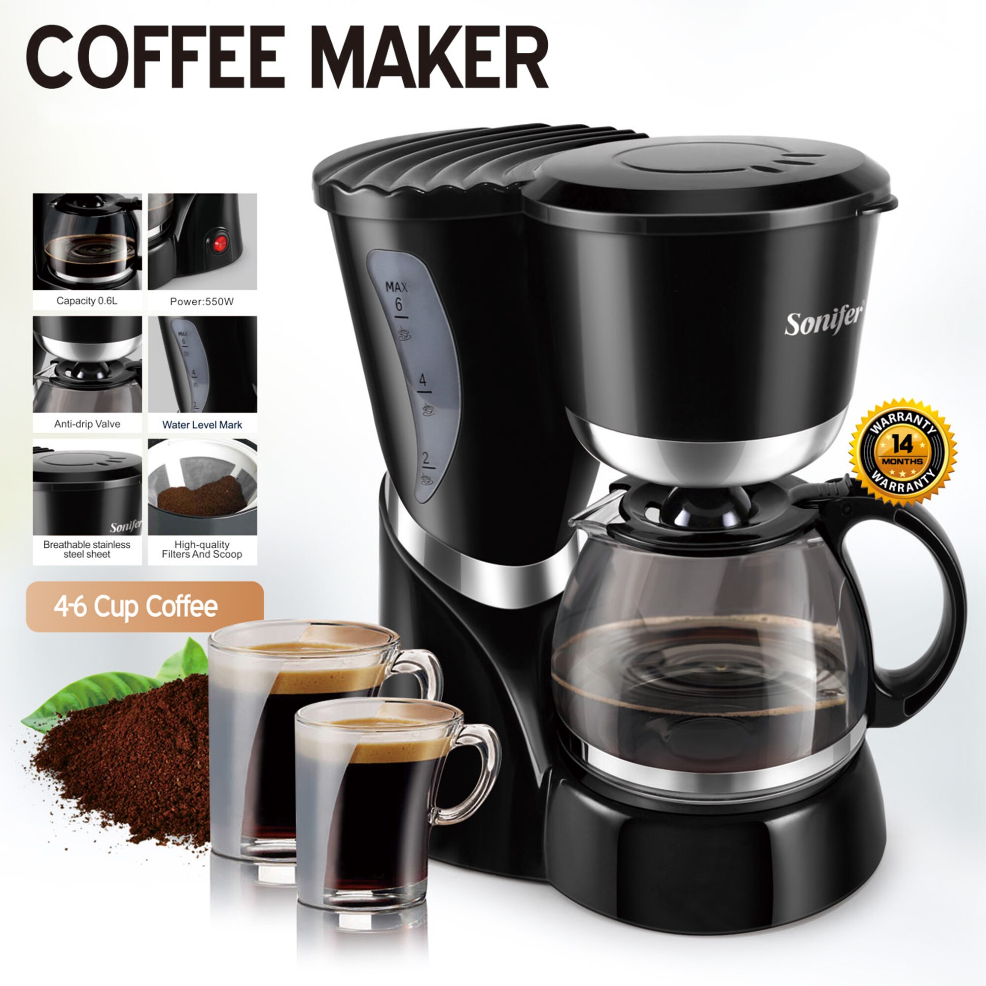 Elektrisk dryp kaffemaskine 800w husholdnings kaffemaskine 15 kop te kaffekande mælk kaffemaskine til 220v sonifer
