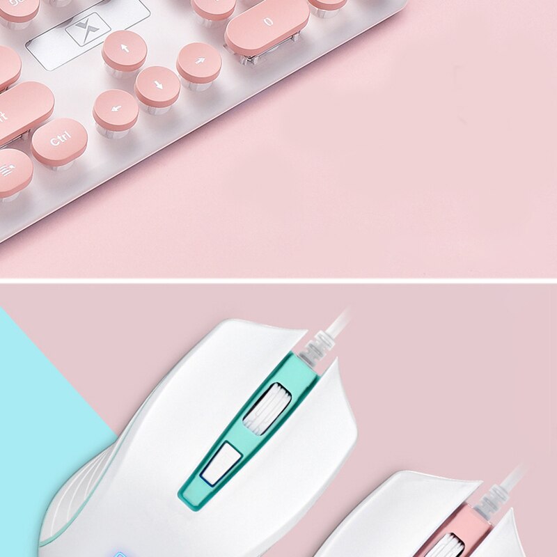 Portable Retro Keyboard Mouse Kit Wired Gaming Keyboard with Round Key Cap Multimedia Button Keyboard Mouse Set,Pink