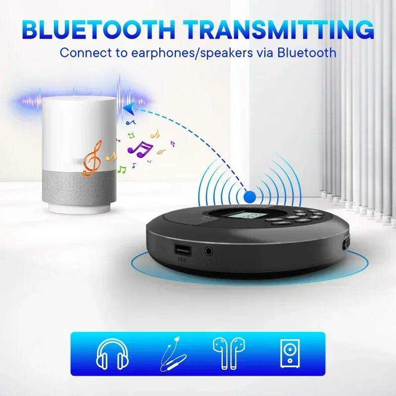 Bluetooth-CD-Player, tragbar, wiederaufladbar, Discman mit Lautsprechern und Kopfhörern, Walkman MP3-Player mit USB-Bluetooth-Übertragung