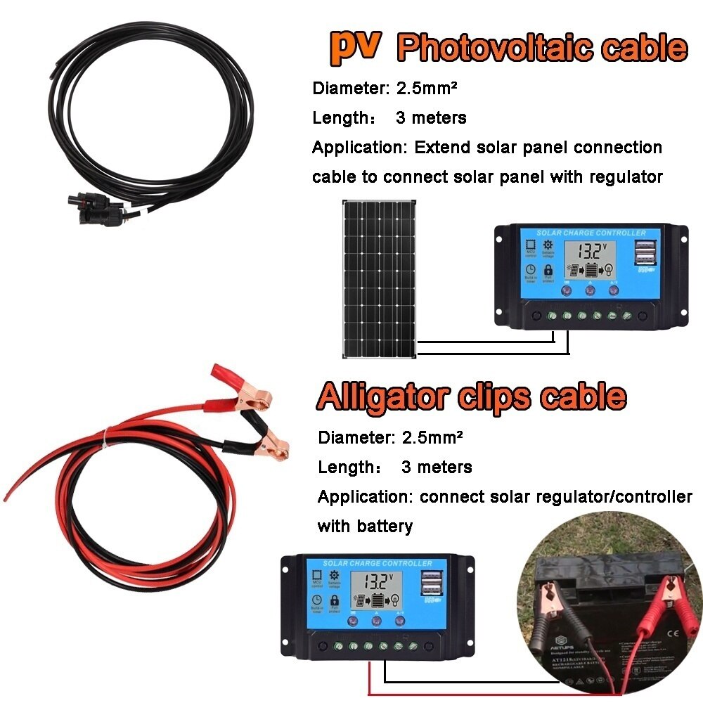 Solar System Accessories 10A/20A/30A 12V 24V PWM Solar Charge Controller+Battery Connection PV Cable+Connector+Mounting Bracket