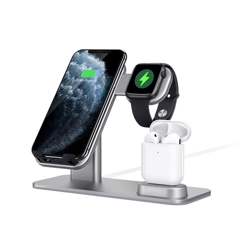 15 w alumínio 3 em 1 carregador sem fio qi suporte de carregamento rápido para iphone 11 pro xs max xr para iwatch 5 4 3 2 1 para airpods 1 2 pro: Cinza