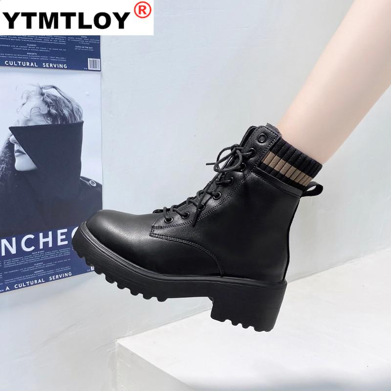 Novo preto branco chelsea botas femininas de couro de fundo grosso botas femininas plataforma dedo do pé redondo quente motocicleta ankle boots para mulher