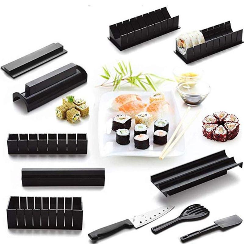 Kit de fabrication de Sushi en rouleau, 10 pièces, Diy, moule en rouleau de riz, outils de cuisine, Sushi japonais, outils de cuisine, noir
