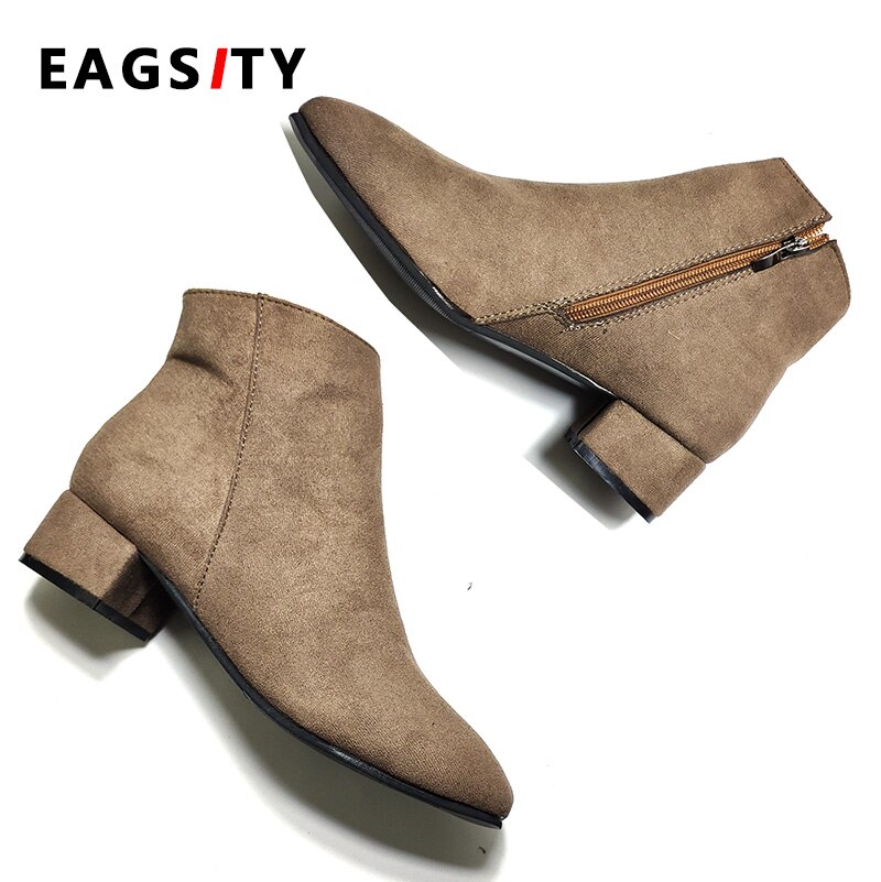 Eagsity mocka chelsea boots kvinnor ankel korta stövlar rund tå dam jobb motorcykel stövlar block häl slip on