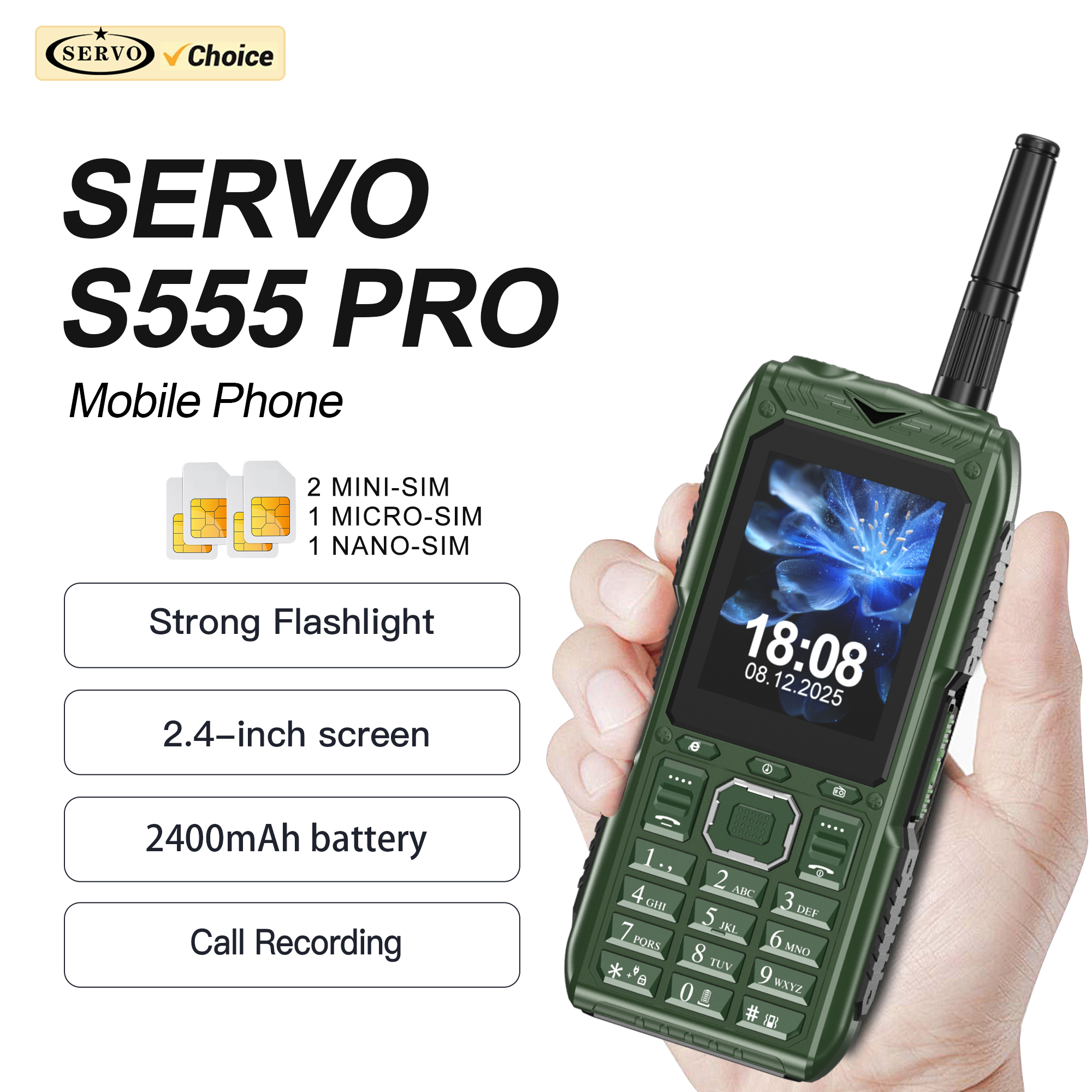 SERVO S555 zawodowiec Telefon komórkowy z 4 kartami SIM, nagrywanie rozmów, lista czarna, odtwarzacz MP4, moc Bank, radio FM, przyciski, funkcja zapasowego zapisu danych, zapasowe telefony komórkowe