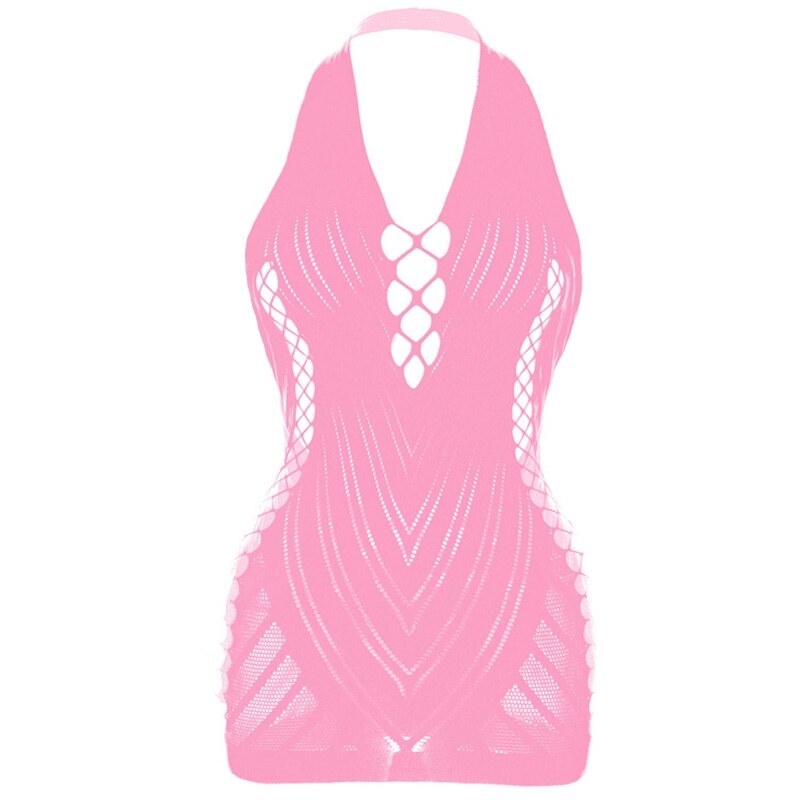 Nuisette Sexy à col suspendu pour femmes, sous-vêtements féminins, tentation, sac sans bretelles, jupe élastique à la hanche, résille Sexy, vêtements intimes: pink