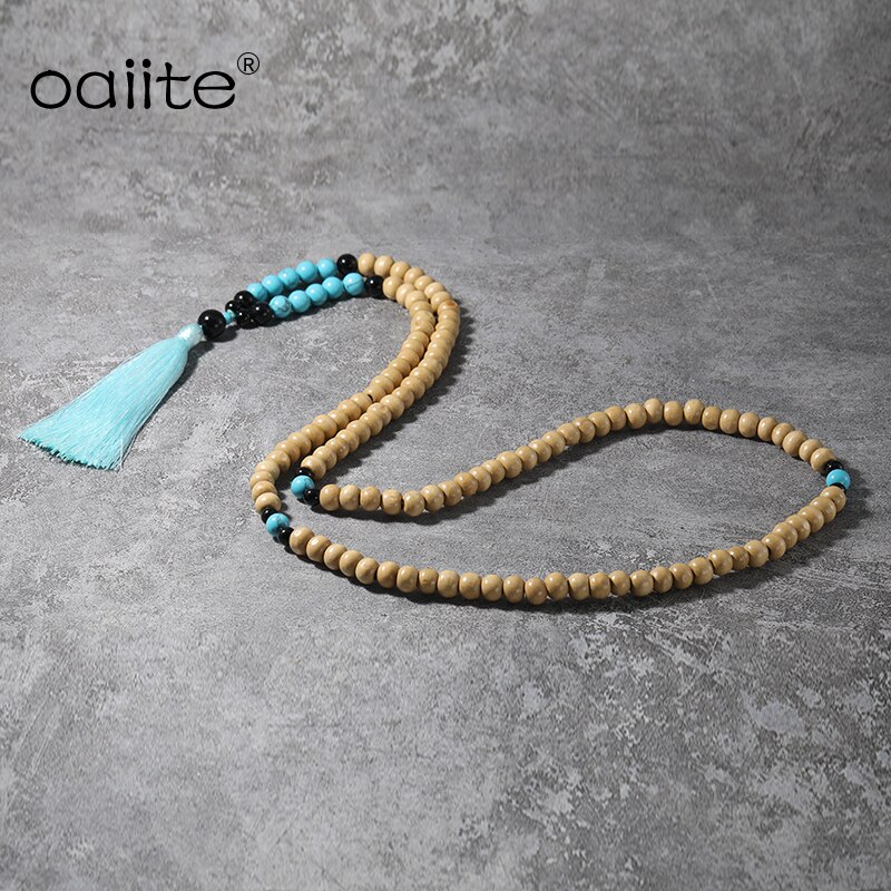 OAIITE Blue Tassel Wood Beads Statement Necklace Bohemian Ethnic Vintage Nature Stone Long Charm Necklace For Women Men