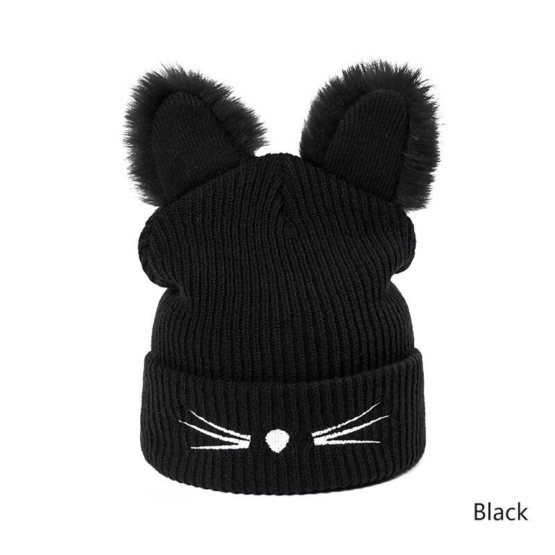 Wintermuts vrouw casual cartoon kat warme zachte skullies mutsen coole muts voor dames muts jongens meisjes: Zwart