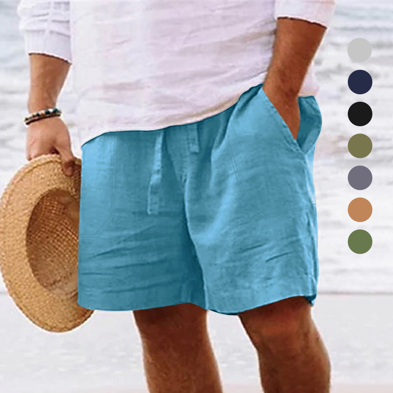 Pantalones cortos de lino y algodón para hombre, Bermudas de cinco puntos, cintura elástica con cordón, pierna recta, Color sólido, transpirables, uso diario en la playa