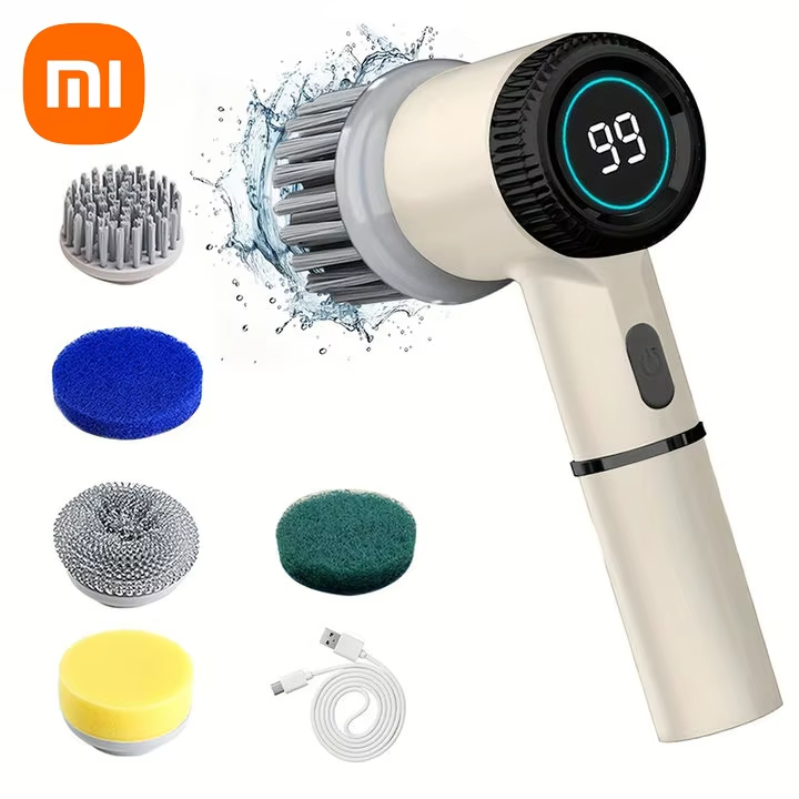 Xiaomi Wireless Electric 5 in 1 Cleaning Brush Portable Powerful Kitchen Toilet Bathroom 5 Brush Heads LED Display Waterproof: WHITE