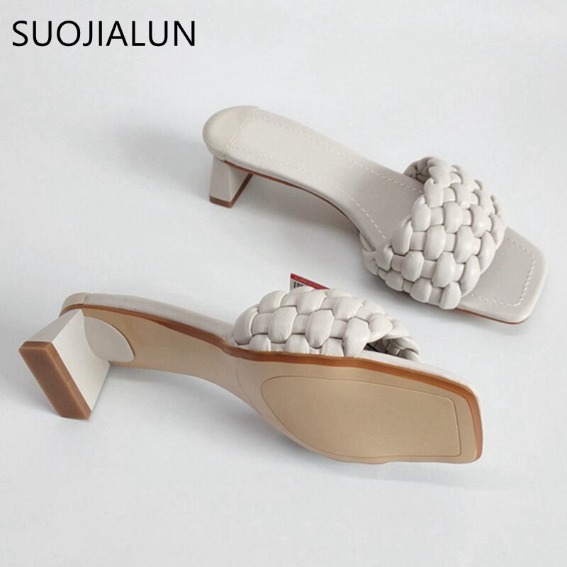 Suojialun merk dames zomer slippers geweven open teen pantoffel vierkante lage hak vrouwelijke strand slippers