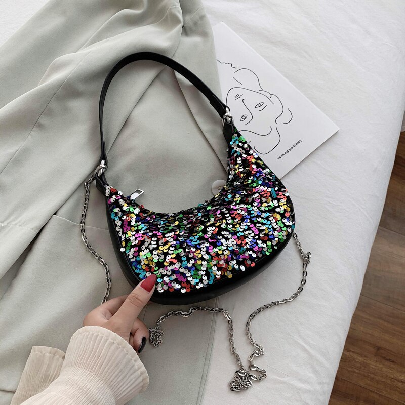 paillettes di modo sacchetti di Cuoio dell'UNITÀ di ELABORAZIONE ottavino Borse A Spalla per Le Donne 2020 di Disegno della catena di Lusso Sacchetto di Mano Femminile di Viaggio sacco: nero