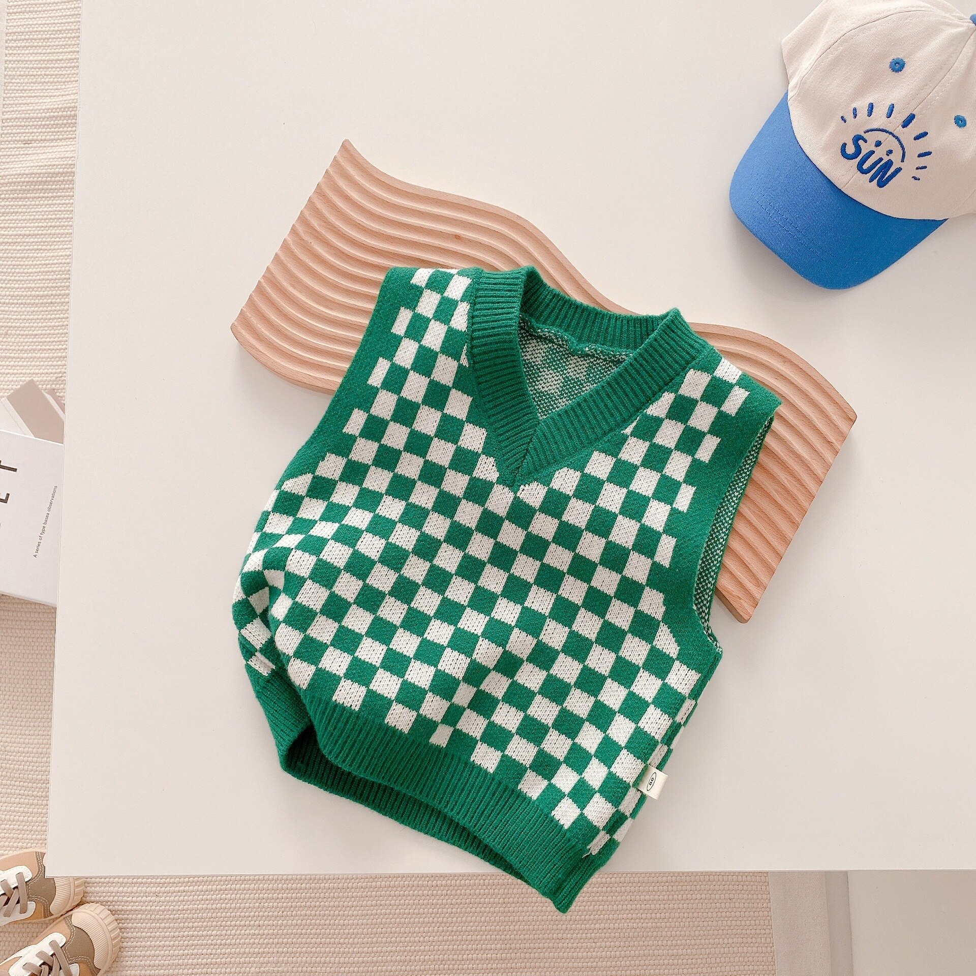 Ropa para niños 1160B, chaleco de punto a cuadros con cuello en V, suéter informal bonito para niño, Tops a cuadros para niña 2022: Green / 100 for 3y