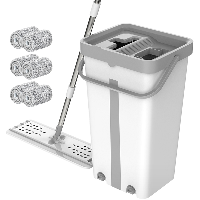 Magic Cleaning Mops Free Hand Mop with Bucket Floors Squeeze Flat Mop with Water Home Kitchen Floor Cleaner: White 6 mops