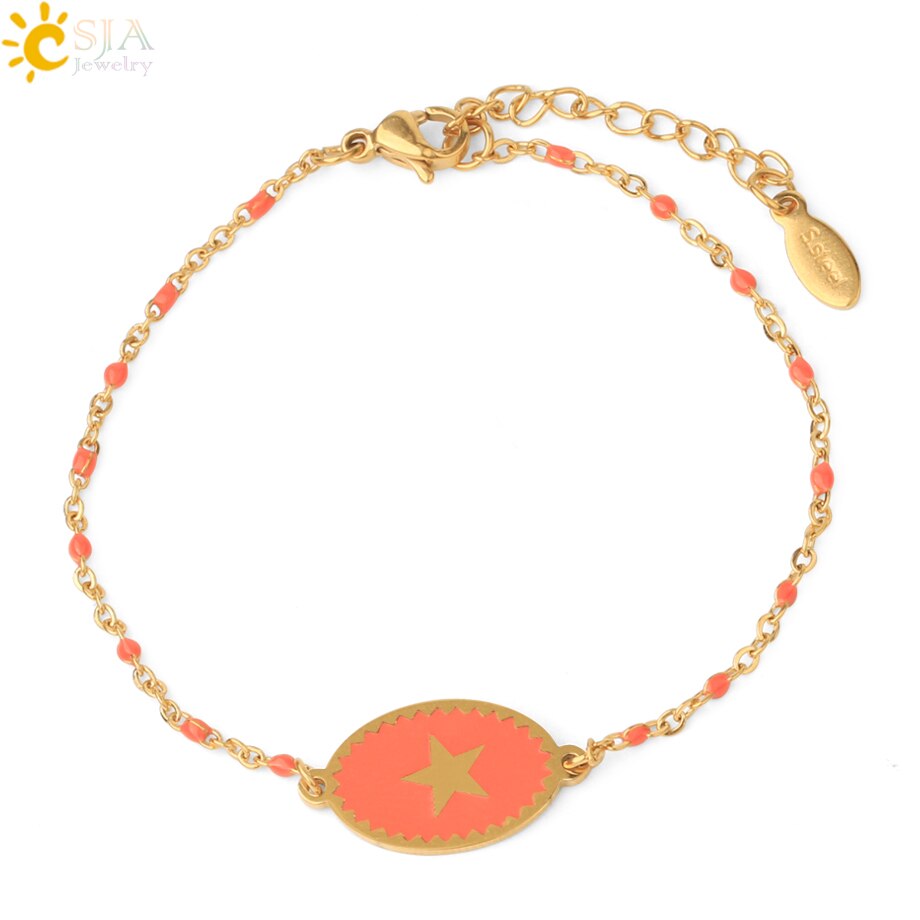 CSJA, pulsera de acero inoxidable para mujer, colgante de estrella esmaltada, cadena de eslabones de Color dorado con cuentas, delicado Delgado, pulseras Inoxydable Acier S718: Red