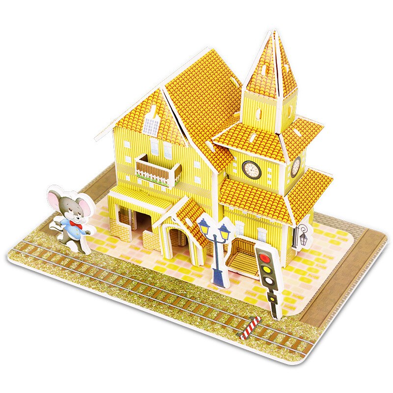 Puzzle 3D fai-da-te castello modello Cartoon House assemblaggio giocattolo di carta Kid Early Learning modello di costruzione regalo Puzzle per bambini: 16