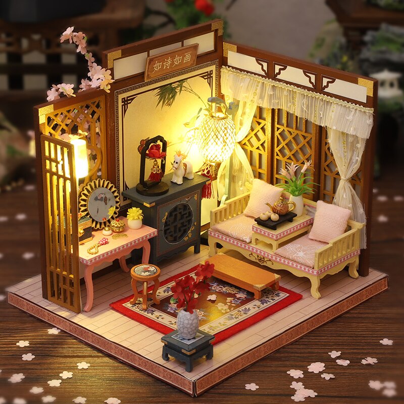 DIY Holz Puppe Haus Bausatz Montiert Miniatur Möbel mit Zubehör Chinesische Casa Licht Puppenhaus Spielzeug für Erwachsene Weihnachten