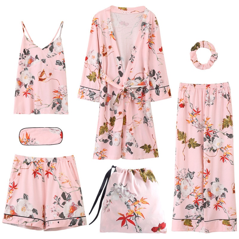 Summer Autumn Winter 7 Pieces Set Cotton Women Pajamas Full Shorts Long Sleeve Top Elastic Waist Pants Silk Lounge Robe