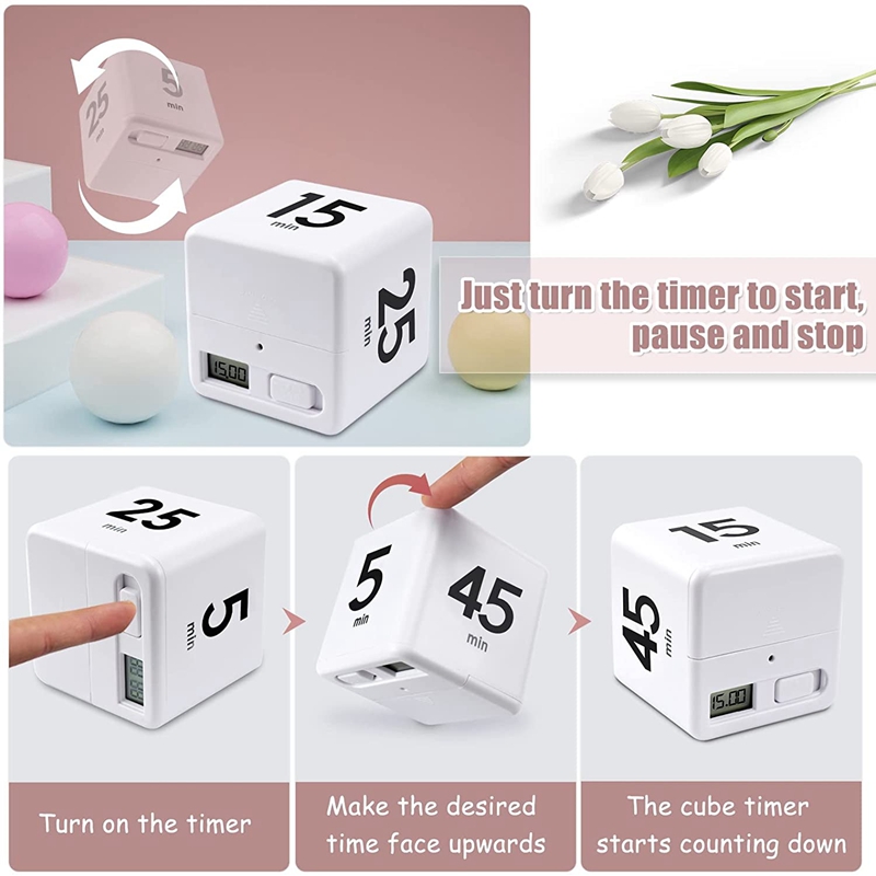 Cube Timer Kitchen Timer Time Management Timer Gravity Sensor Flip For Time Management And Countdown 25-5-45-15 Minutes